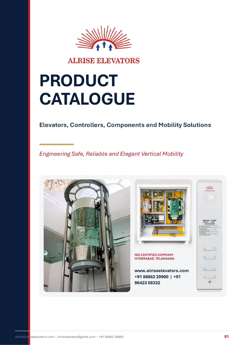 Original Alrise Elevators Product Catalogue cover, showing the company logo, elevator, controller and operating panel