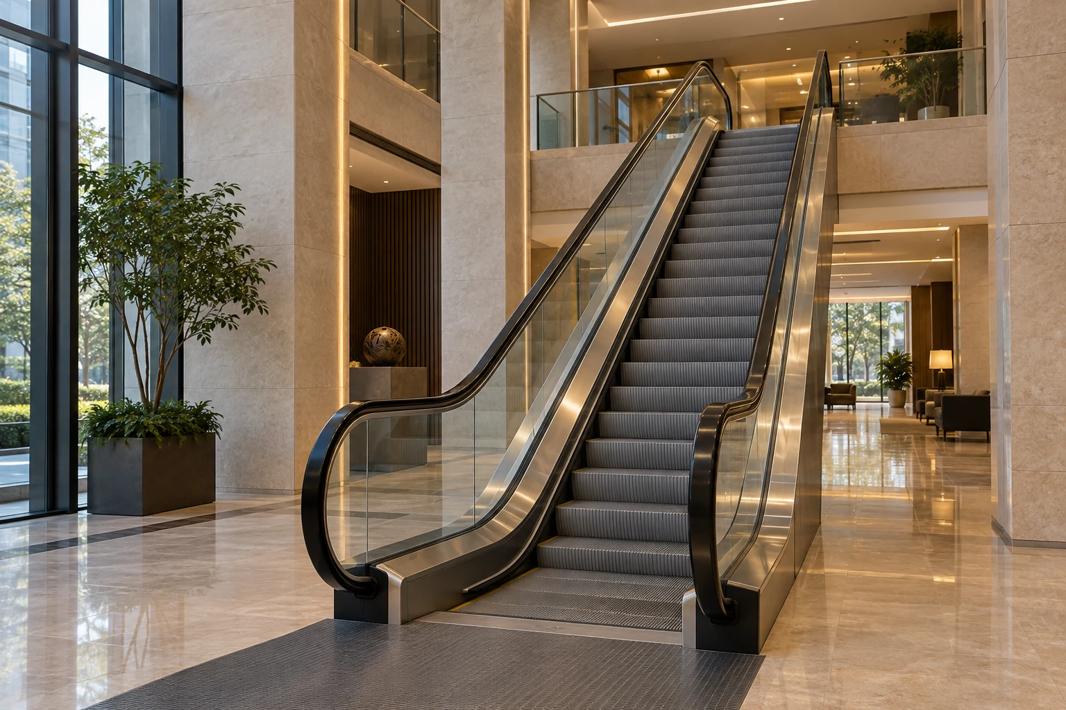 Escalator connecting two levels of a contemporary commercial atrium.