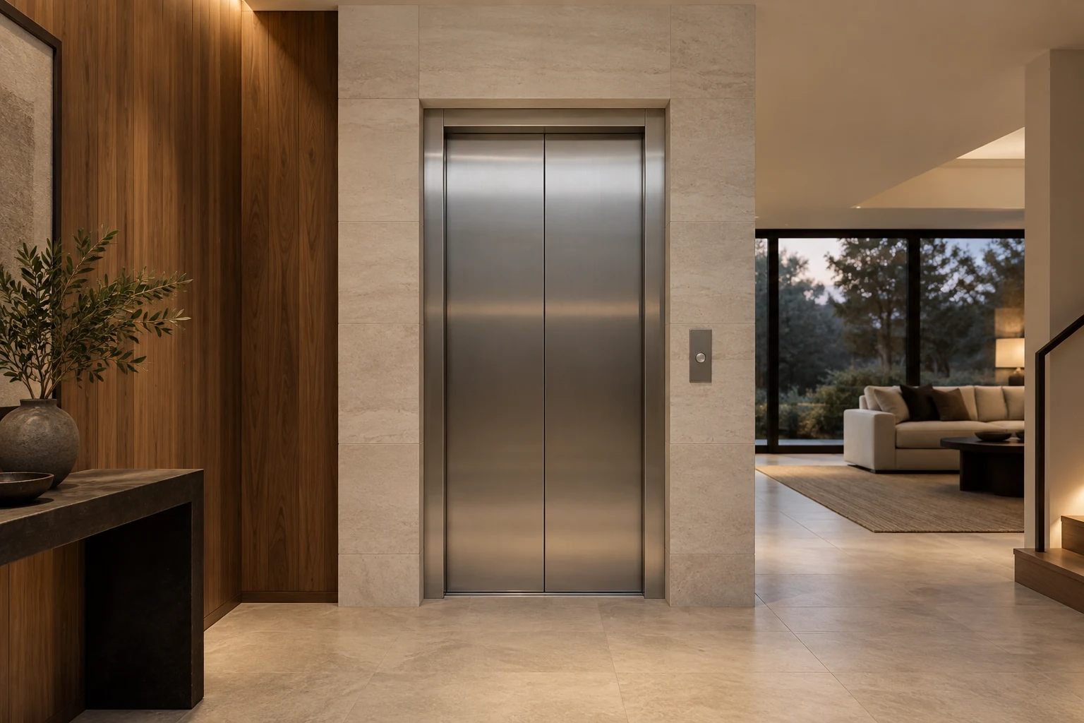 Compact home elevator set within warm stone and timber architecture.