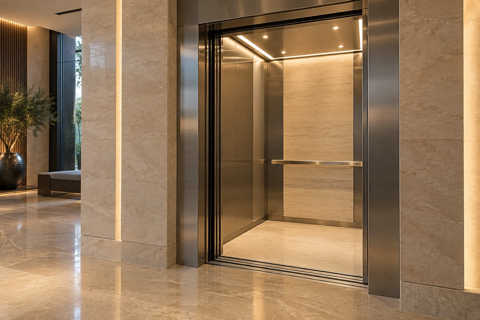 Open elevator cabin with brushed-steel finishes in a warm stone lobby.