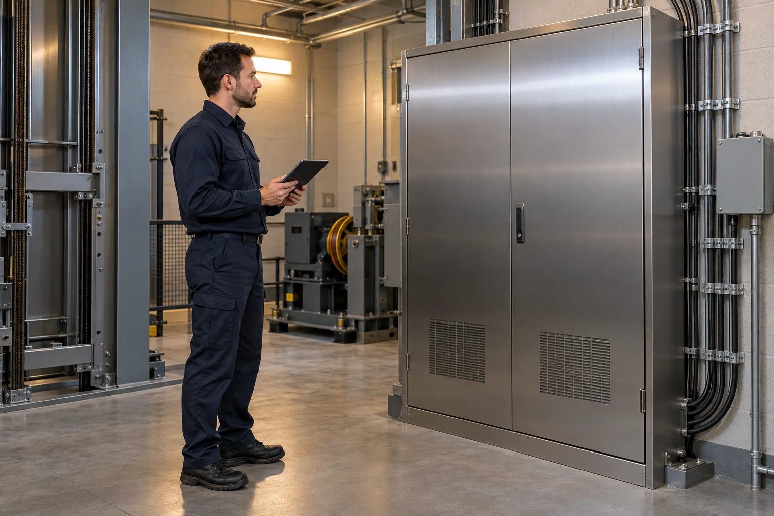 Technician inspecting a closed elevator control cabinet with a tablet.