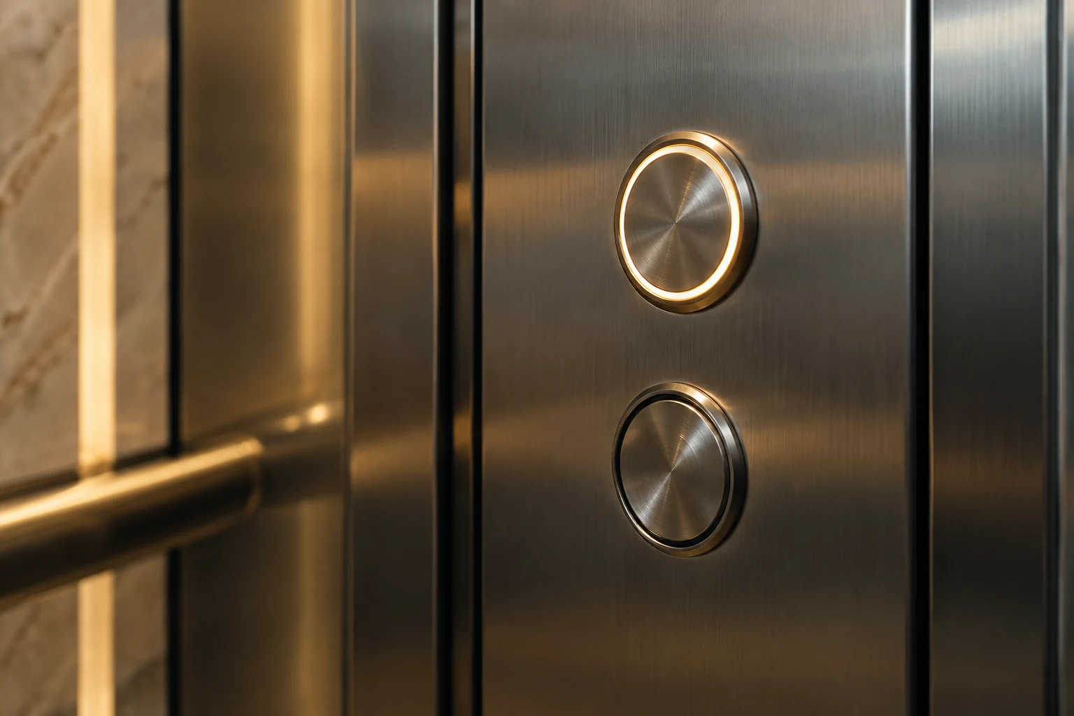 Close-up of brushed-steel elevator controls and tactile buttons.