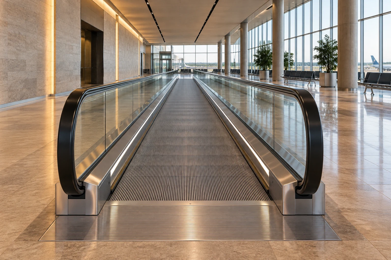 Flat moving walkway with glass balustrades in a contemporary concourse.